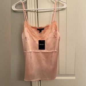 Forever 21 Pink Satin Chemise with Lace Trim Cami Camisole Tank Top Blouse